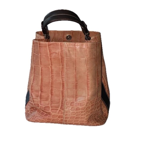 Puntotres Handbags - Puntotres Bucket Bag Croc Embossed Leather Pale Sand Brown Accents EUC